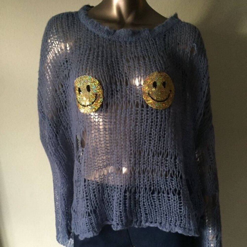 Wildfox White Label Blue Smiley Sweater Wool Sz S